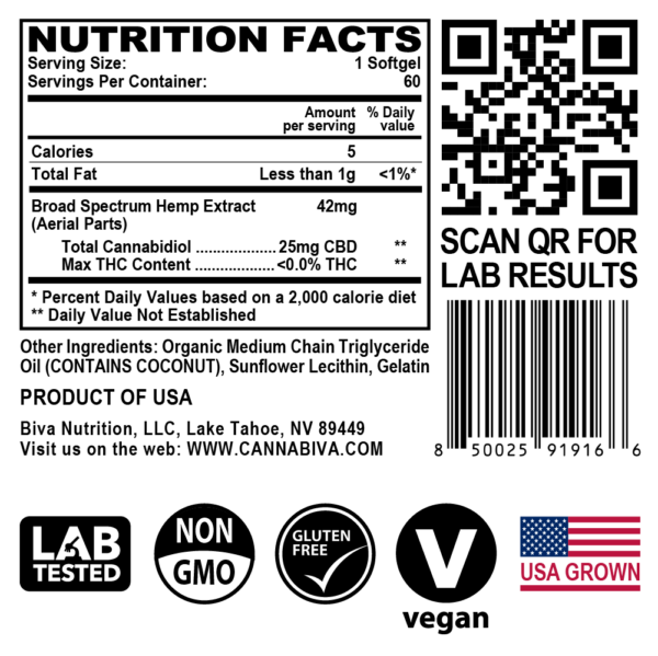 Cannabiva 1500MG Broad Spectrum CBD Oil Softgel Capsule Supplement Pill - Supplement Facts Label