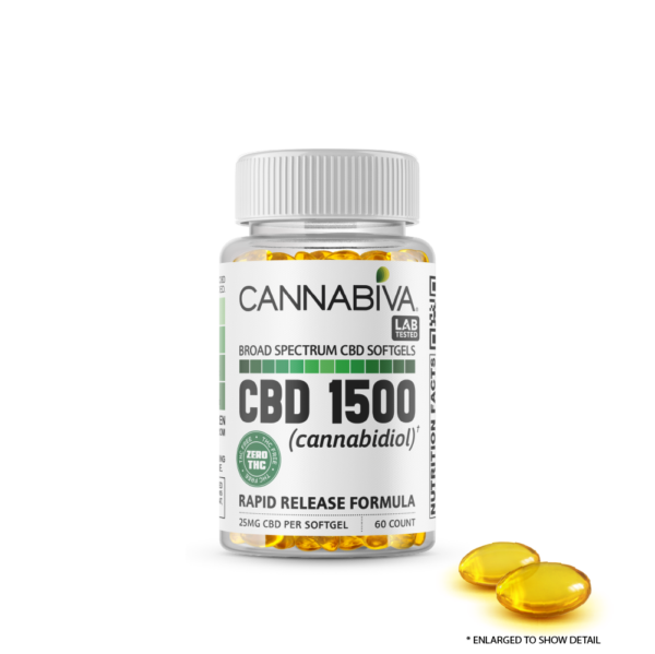 Cannabiva 1500MG Broad Spectrum CBD Oil Softgel Capsule Supplement - Closeup Of Pill