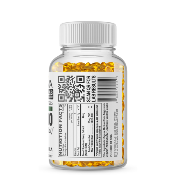 Cannabiva 3000MG Broad Spectrum CBD Oil Softgel Capsule Supplement Pill - Ingredients Label