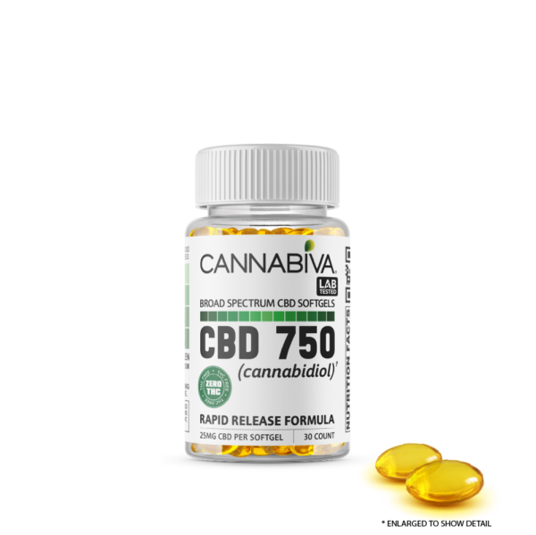 Cannabiva 750MG Broad Spectrum CBD Oil Softgel Capsule Supplement - Closeup Of Pill