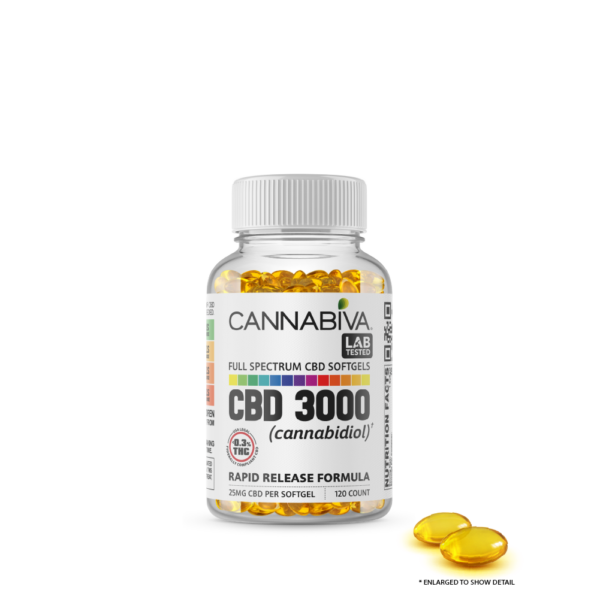 Cannabiva 3000MG Full Spectrum CBD Oil Softgel Capsule Supplement - Closeup Of Pill