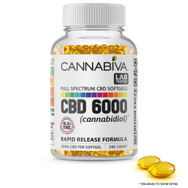 Cannabiva 6000MG Full Spectrum CBD Oil Softgel Capsule Supplement - Closeup Of Pill