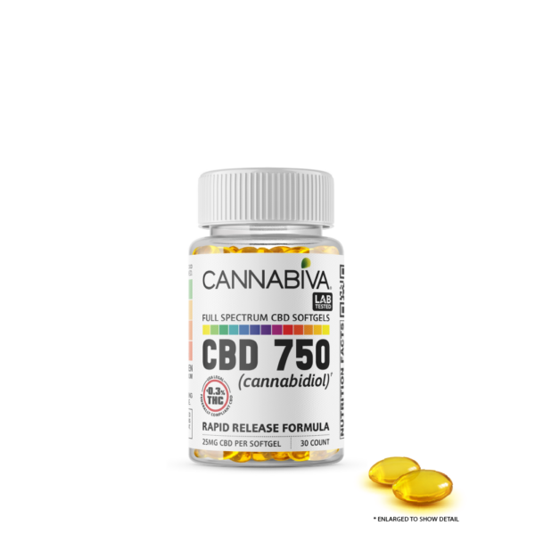 Cannabiva 750MG Full Spectrum CBD Oil Softgel Capsule Supplement - Closeup Of Pill
