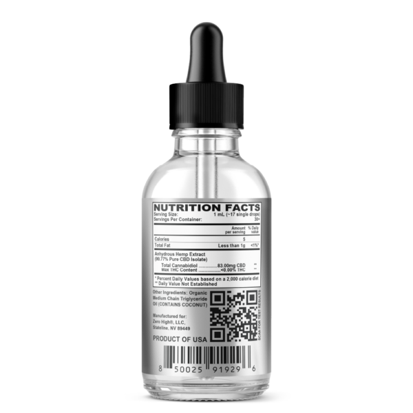 Zero High 2500MG Pure Isolate CBD Oil with No THC - Ingredients Label
