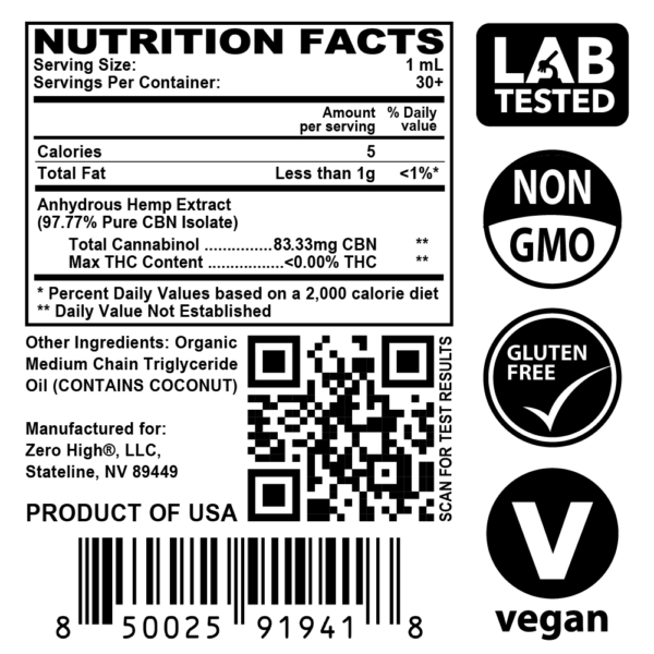 Zero High 2500MG Cannabinol CBN Oil Tincture - 25x Strength - Pure Isolate No THC - Supplement Facts Label