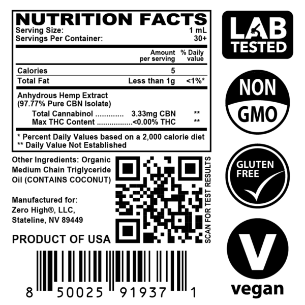 Zero High 250MG Cannabinol CBN Oil Tincture - 2x Strength - Pure Isolate No THC - Supplement Facts Label