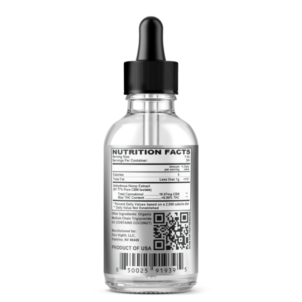 Zero High 500MG Cannabinol CBN Oil Tincture - 5x Strength - Pure Isolate No THC - Ingredients Label