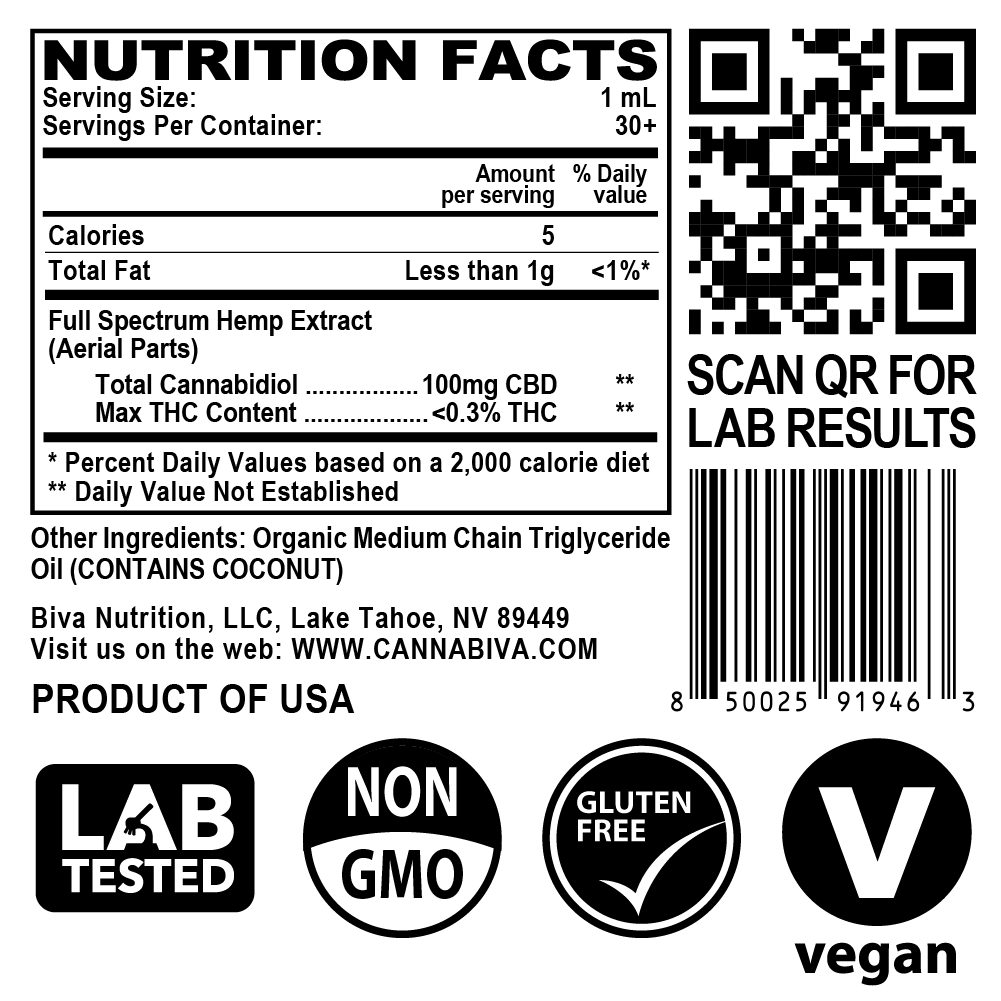 Cannabiva 3000MG Full Spectrum CBD Oil Tincture - Super Strength - Supplement Facts Label