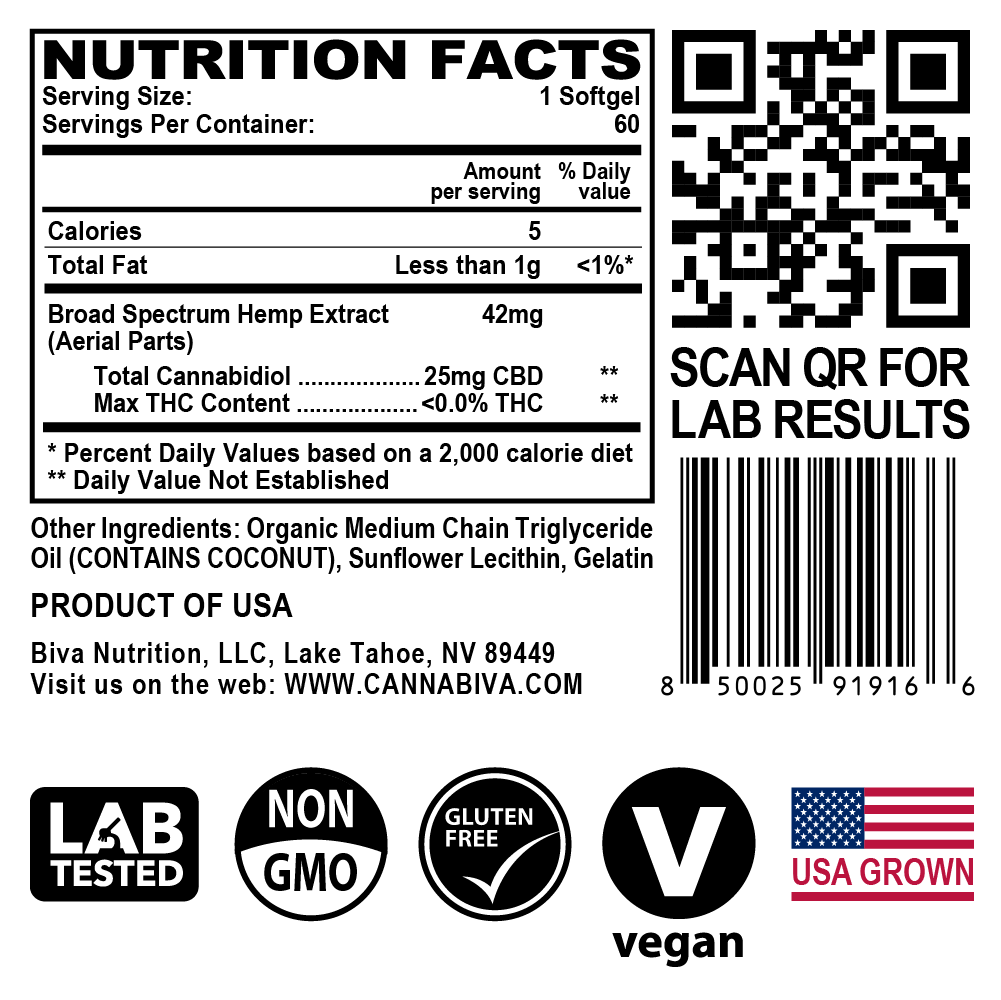 Cannabiva 1500MG Broad Spectrum CBD Oil Softgel Capsule Supplement Pill - Supplement Facts Label