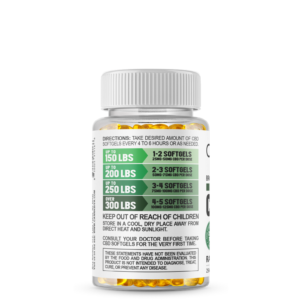 Cannabiva 1500MG Broad Spectrum CBD Oil Softgel Capsule Supplement Pill - Usage, Dosage and Safety Label