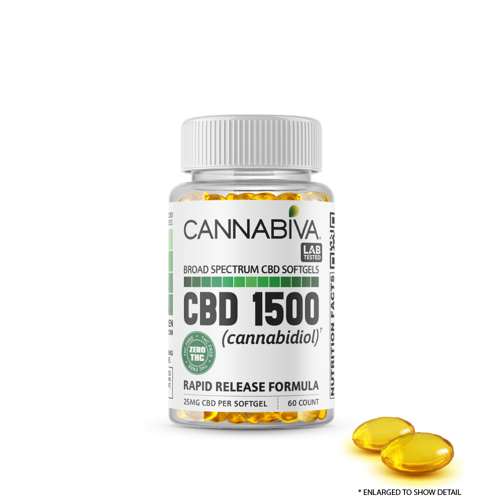 Cannabiva 1500MG Broad Spectrum CBD Oil Softgel Capsule Supplement - Closeup Of Pill