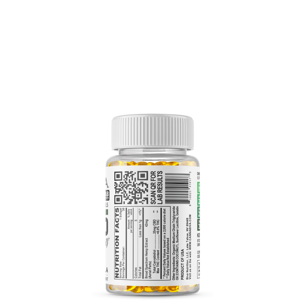 Cannabiva 750MG Broad Spectrum CBD Oil Softgel Capsule Supplement Pill - Ingredients Label