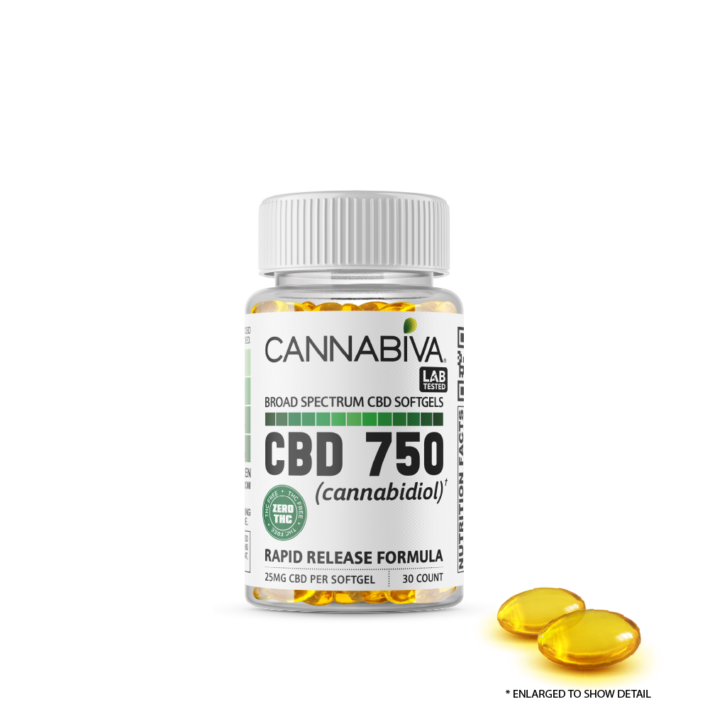 Cannabiva 750MG Broad Spectrum CBD Oil Softgel Capsule Supplement - Closeup Of Pill