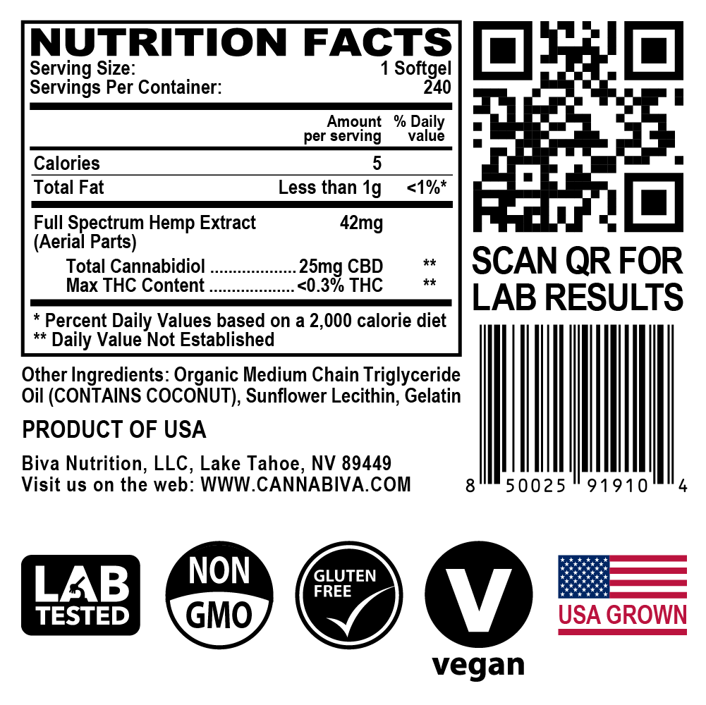 Cannabiva 6000MG Full Spectrum CBD Oil Softgel Capsule Supplement Pill - Supplement Facts Label