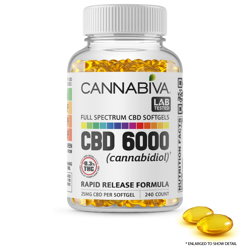 Cannabiva 6000MG Full Spectrum CBD Oil Softgel Capsule Supplement - Closeup Of Pill