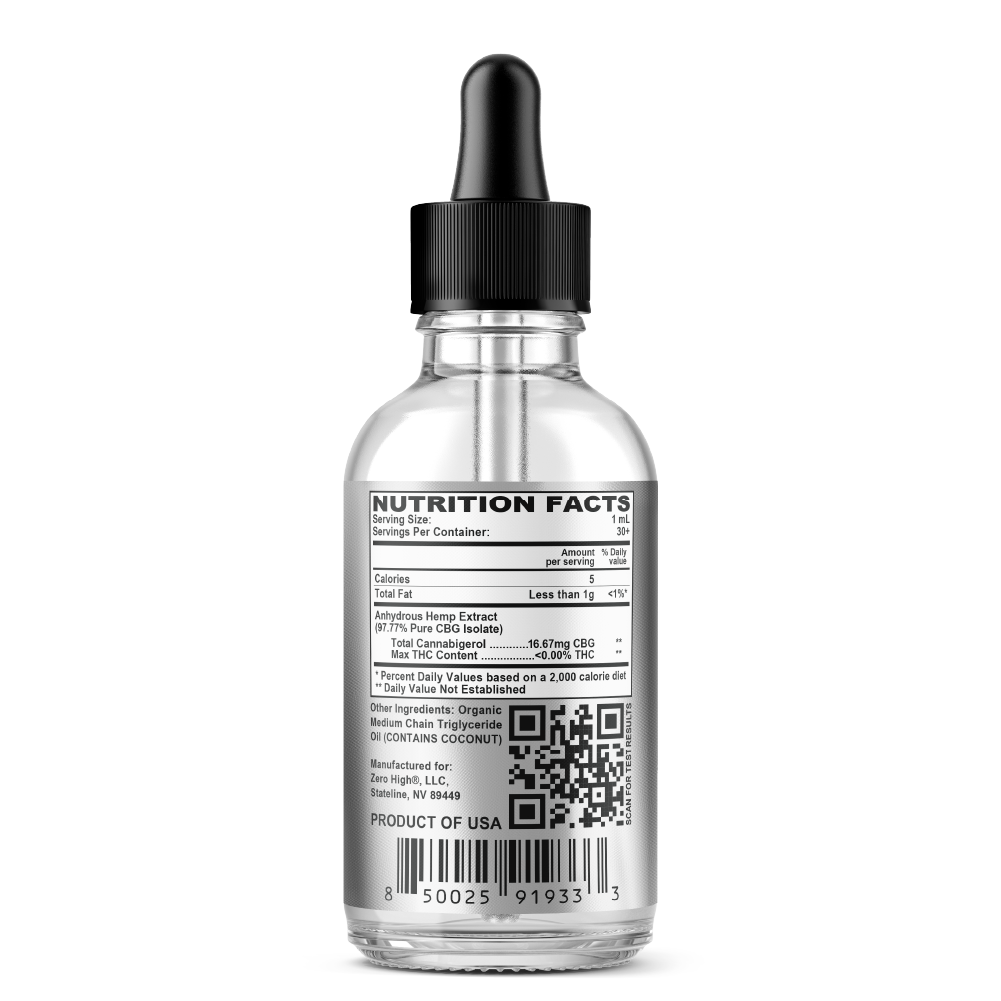 500MG CBG Oil Tincture - 5x Strength Cannabigerol Pure Isolate With No THC - Ingredients Label
