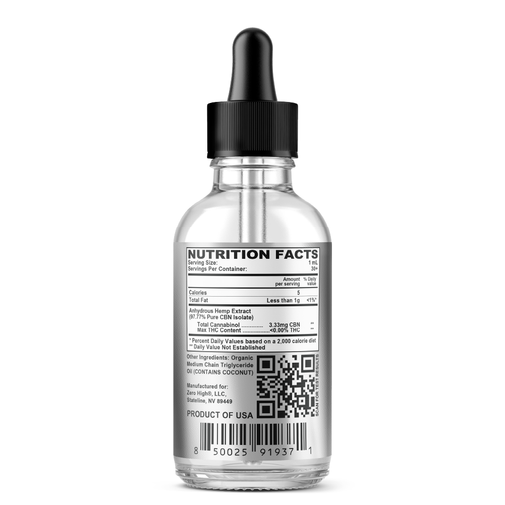 Zero High 100MG Cannabinol CBN Oil Tincture - Mild Strength - Pure Isolate No THC - Ingredients Label