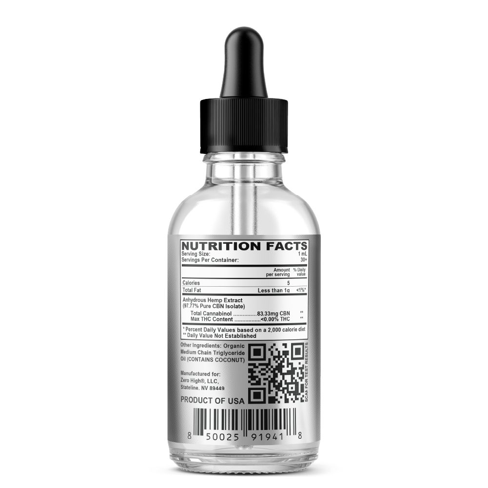 Zero High 2500MG Cannabinol CBN Oil Tincture - 25x Strength - Pure Isolate No THC - Ingredients Label