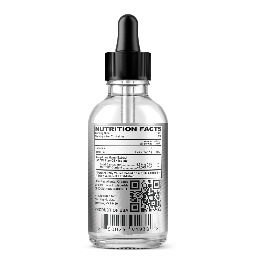 Zero High 250MG Cannabinol CBN Oil Tincture - 2x Strength - Pure Isolate No THC - Ingredients Label